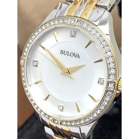 Bulova Women's Watch 98L273 Mother of Pearl Dial Two Tone Steel Gemmed 32mm - Picture 1 of 14